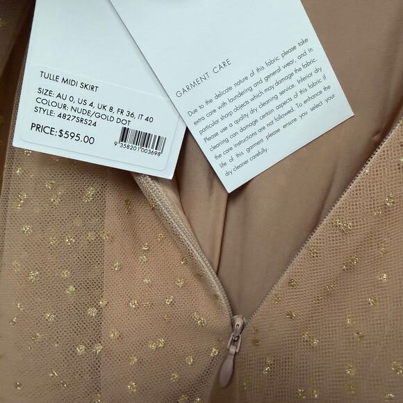 NWT Zimmermann Tulle Midi Skirt Nude Gold Metallic Dot Print Womens AU 0 / US 4 - Picture 7 of 9